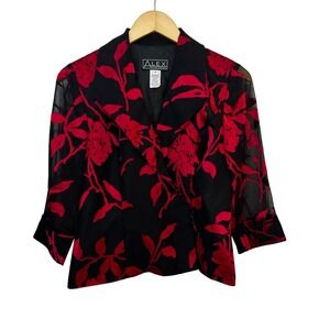 Alex Evenings Wrap Jacket Top S Dressy Black Red Floral 3/4 Sleeve Formal Sheer